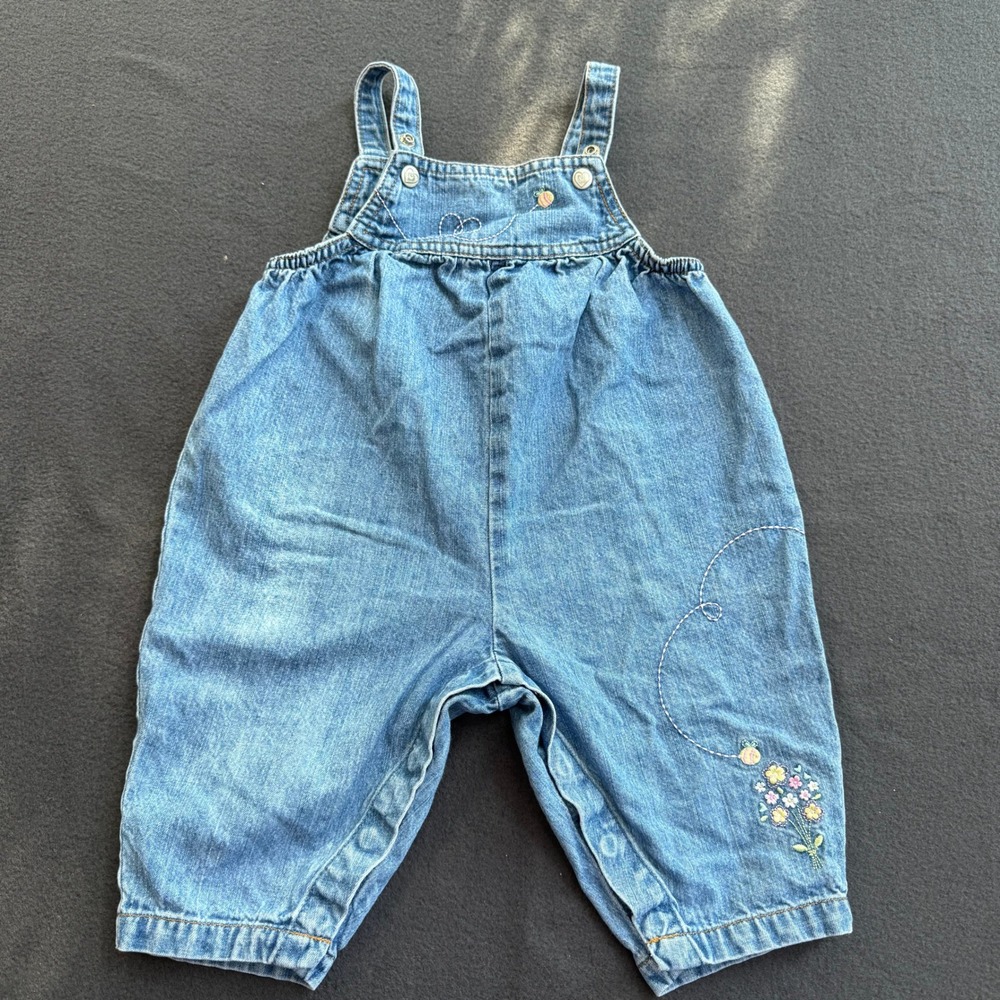 Vintage Carters Baby Girls Blue Denim Embroidered Floral Bumblebee Overalls 9M